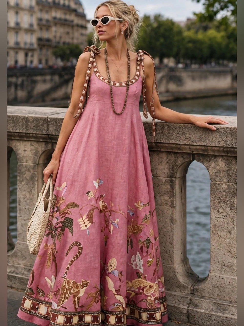 ALÉMAIS Zuri Linen Ballet Midi Sundress Pink Floral Tie-Shoulder size US 2
